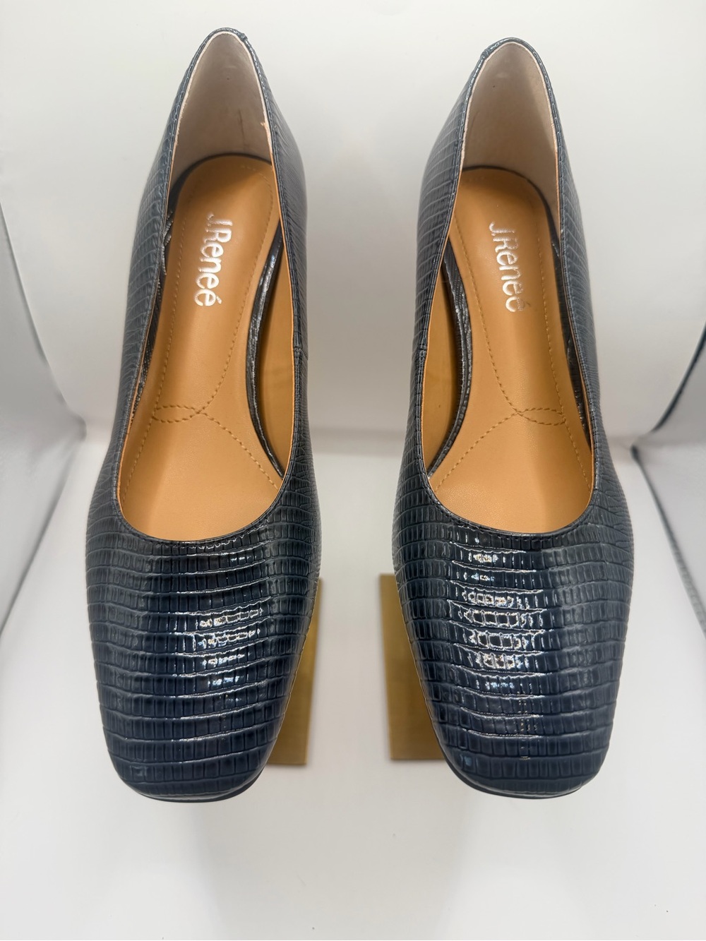 J.Renee Navy Croc-Embossed Block Heel Pumps
